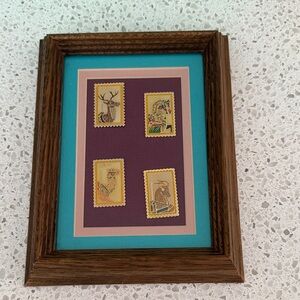 Carousel Animals 25 Cent Postage Stamp Pin Art with Wooden Frame